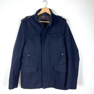 Zara Men Wool Blend Black Peacoat sz L Zipper Snaps Preppy Office Academia